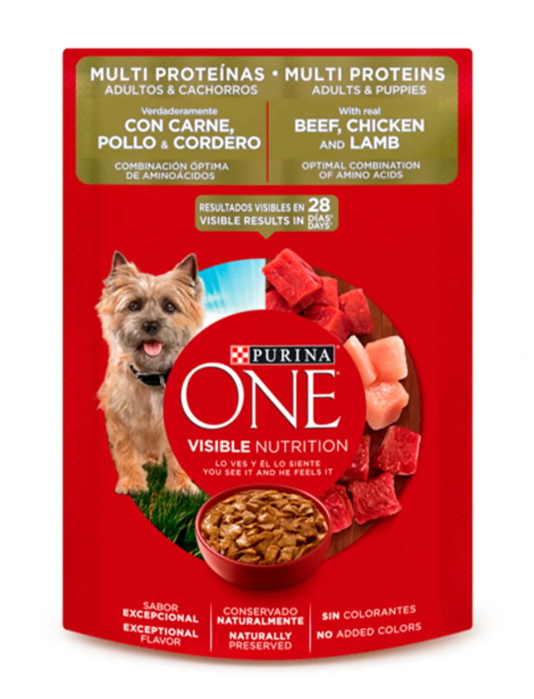 PURINA® ONE® Super Nutrientes Carne, Pollo y Cordero Adultos y Cachorros 85 g