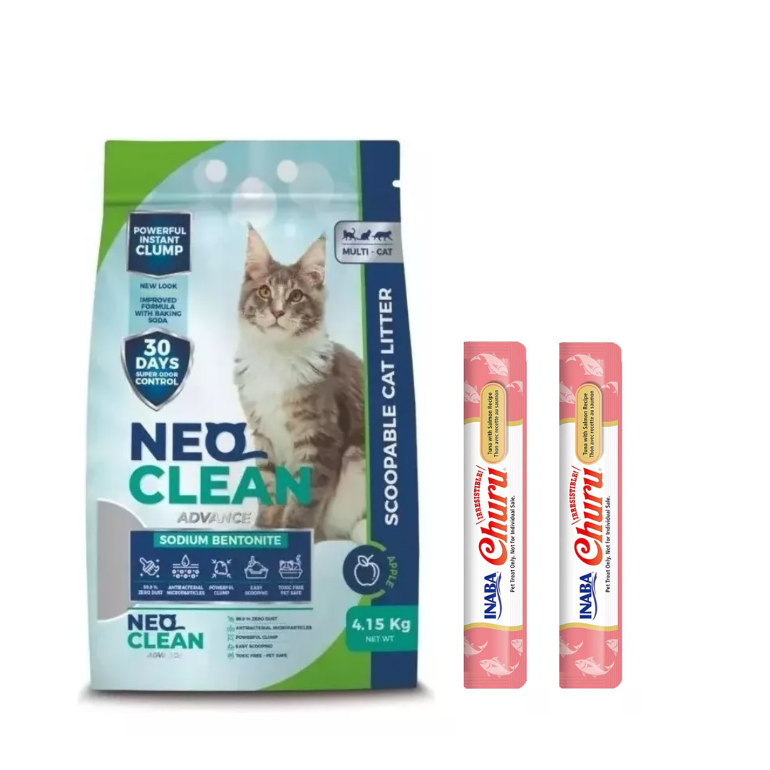 Neo Clean® Arena Sanitaria Para Gatos Aroma A Manzana 4.13 Kg Gratis 2 Churu® Salmón